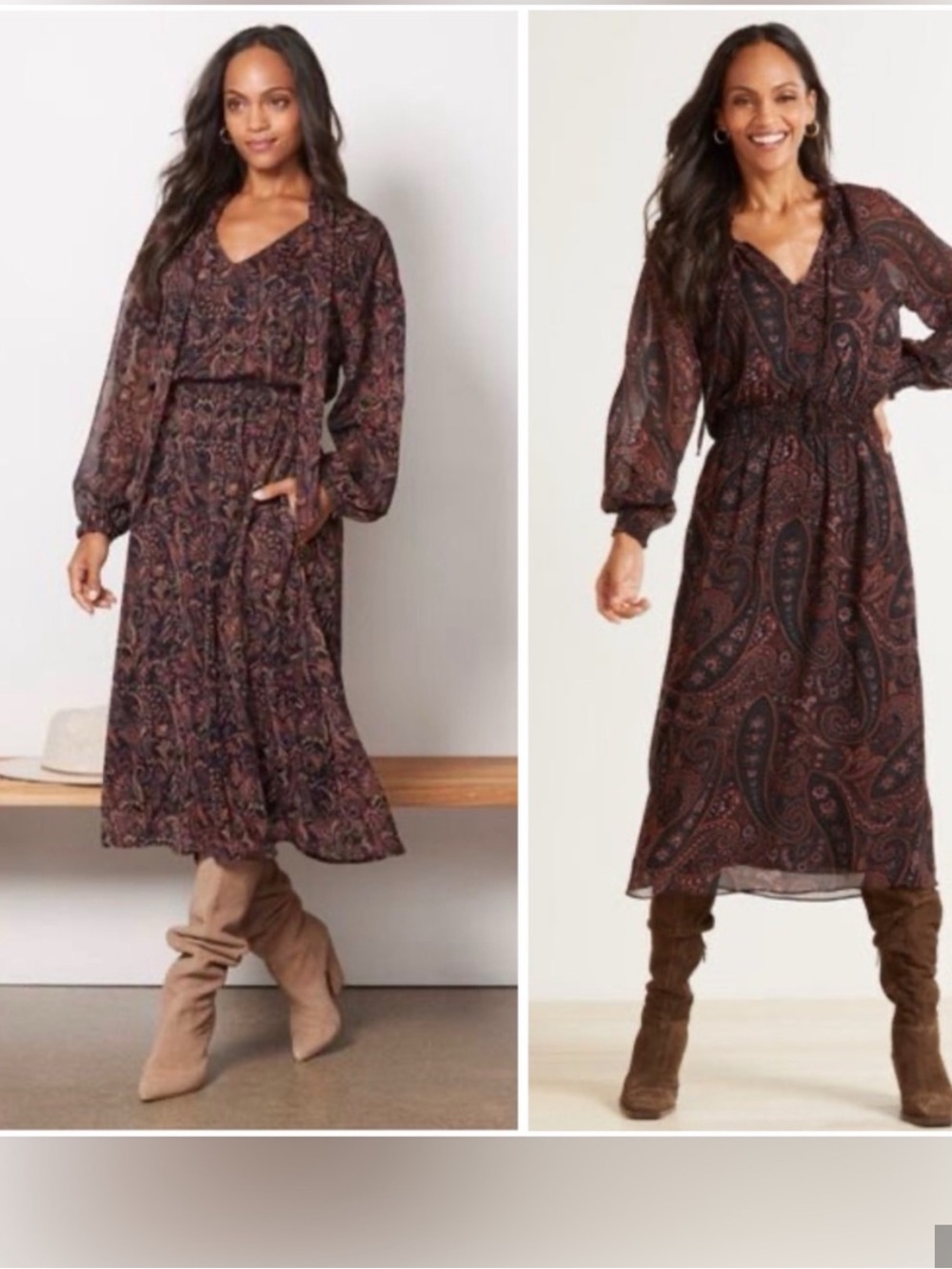 Evereve Long-Sleeve Paisley Midi Dress in Black and Rust